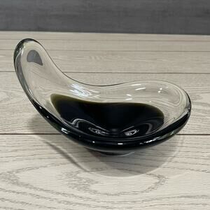 Carl Ebert Erickson Art Glass Biomorphic Bowl Dish Decorative Black Clear Signed
